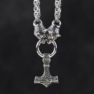 Norse Wolf Heads Chain Necklace with Mjolnir Pendant – Titanium steel Viking Jewelry