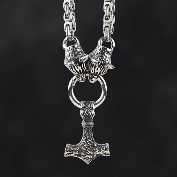 Norse Wolf Heads Chain Necklace with Mjolnir Pendant - Titanium steel Viking Jewelry - Image 2