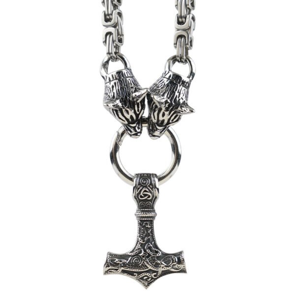 Norse Wolf Heads Chain Necklace with Mjolnir Pendant - Titanium steel Viking Jewelry - Image 4