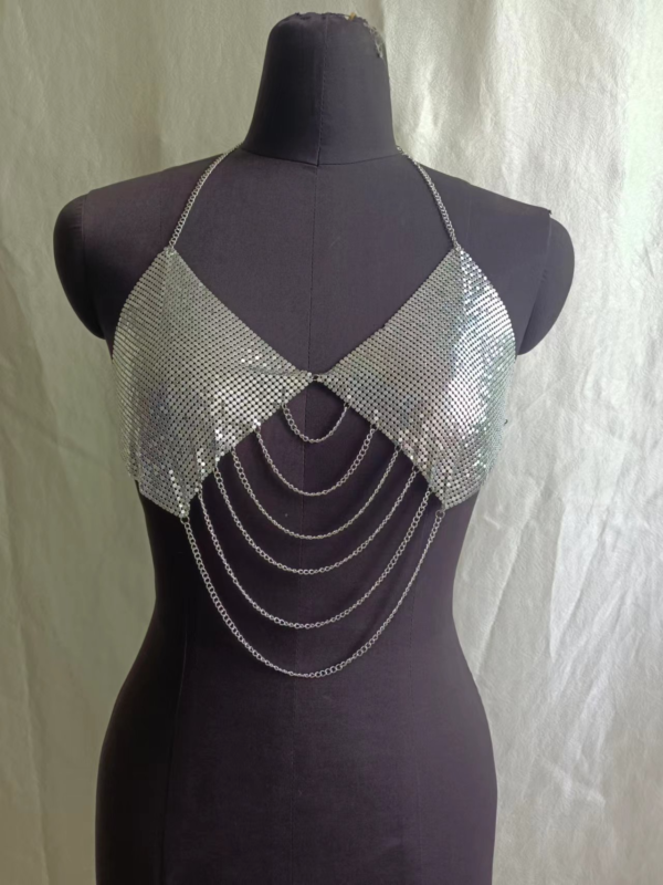 Shiny Metallic Chain Bra Body Chain– Festival & Party Wear with Crystal Detailing - Image 3