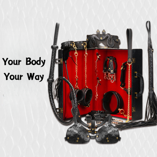 Luxury BDSM Restraint Set – handcuffs, ankle cuffs, collar with leash, blindfold, gag, flogger, and restraints