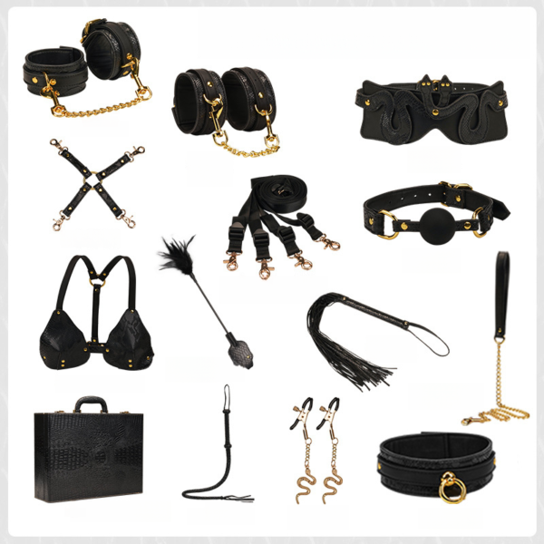 Luxury BDSM Restraint Set – handcuffs, ankle cuffs, collar with leash, blindfold, gag, flogger, and restraints - Image 5